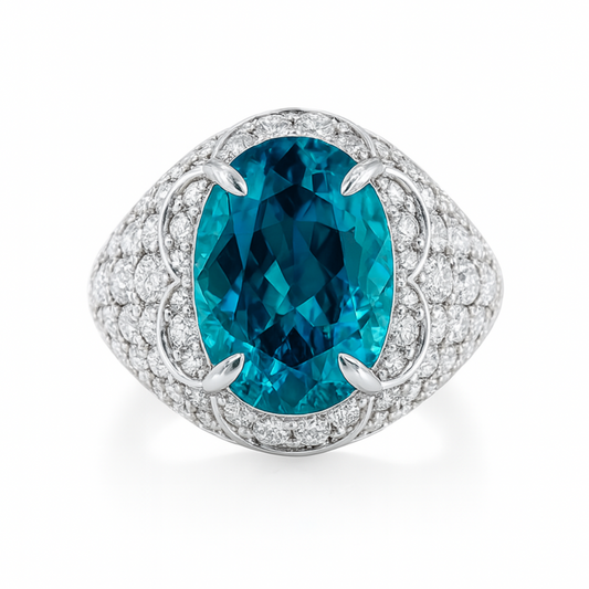 14K 8.39ct Oval Private Collection Blue Zircon 2.27cttw VS White Diamonds Ring