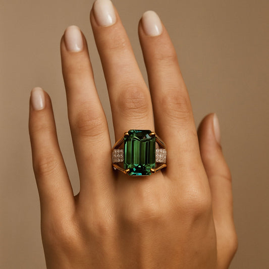 14K 9.23ct Emerald Cut Congo Tourmaline 0.76cttw VS White Diamonds Ring