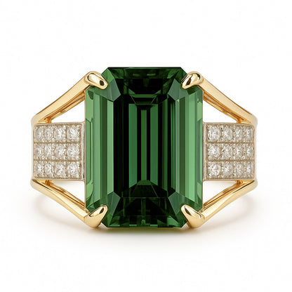 14K 9.23ct Emerald Cut Congo Tourmaline 0.76cttw VS White Diamonds Ring