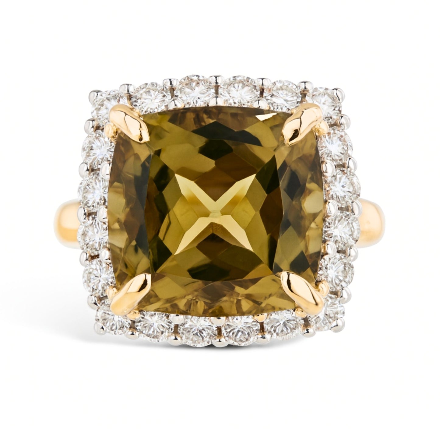 14K 9.44ct Cushion Private Collection Color Change Diaspore 1.19cttw VS White Diamonds Ring
