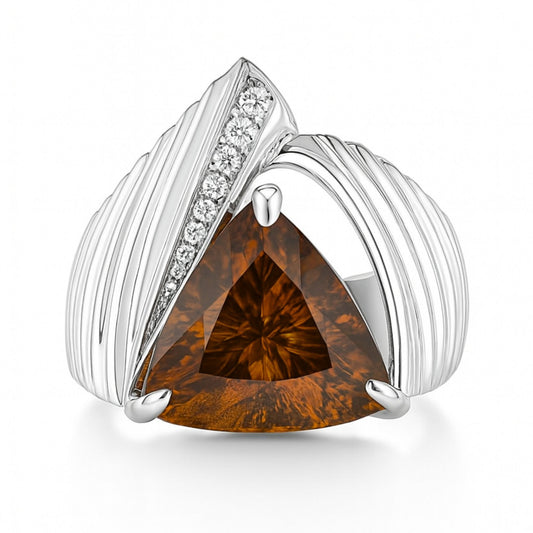 14K 9.47ct Trilliant Fancy Golden Zircon 0.09cttw VS White Diamonds Ring
