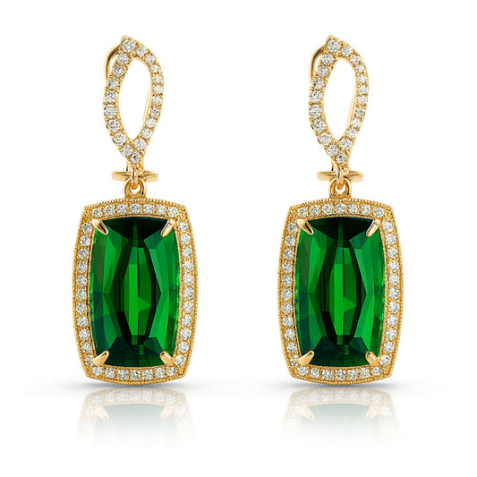 14K 9.55cttw Cushion Green Tourmaline 0.51cttw VS White Diamonds Drop Earrings