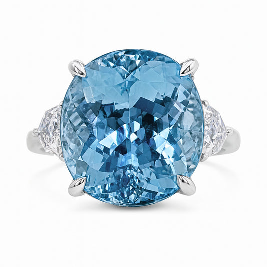 14K 9.68ct Oval Santa Maria Aquamarine 0.30cttw Fancy Cut VS White Diamond Ring