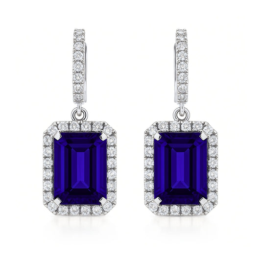 14K 9.60cttw Emerald Cut Blue Wing Tanzanite 0.76cttw VS White Diamonds Drop Earrings
