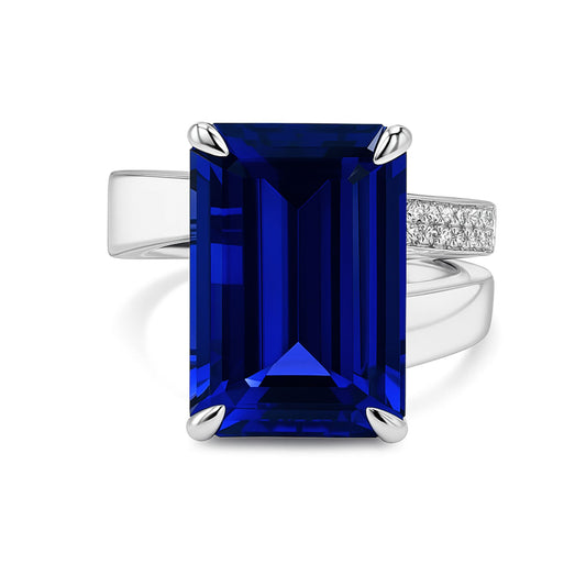 14K 8.10ct Emerald Cut Blue Wing Tanzanite 0.13cttw VS White Diamonds Ring