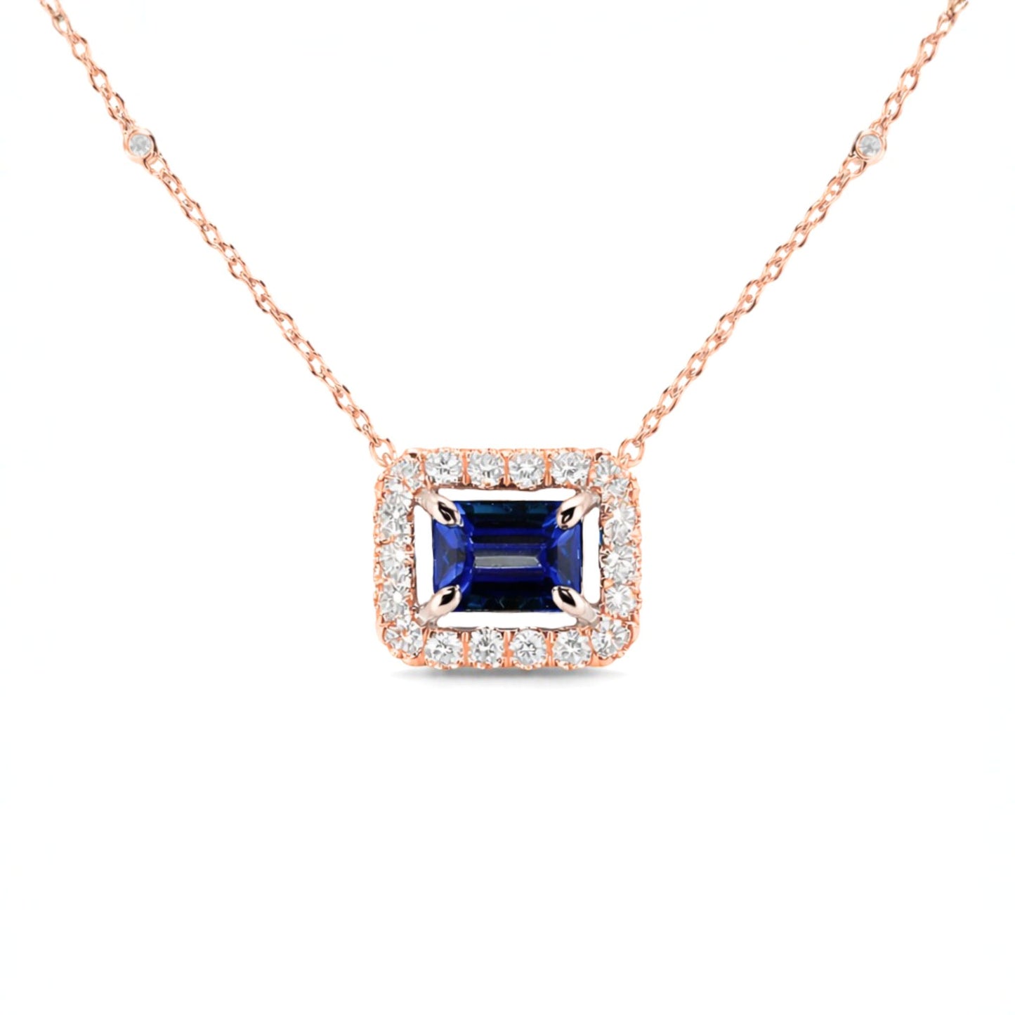 14K 1.02ct Emerald Cut Blue Wing Tanzanite 0.50cttw VS White Diamonds Necklace