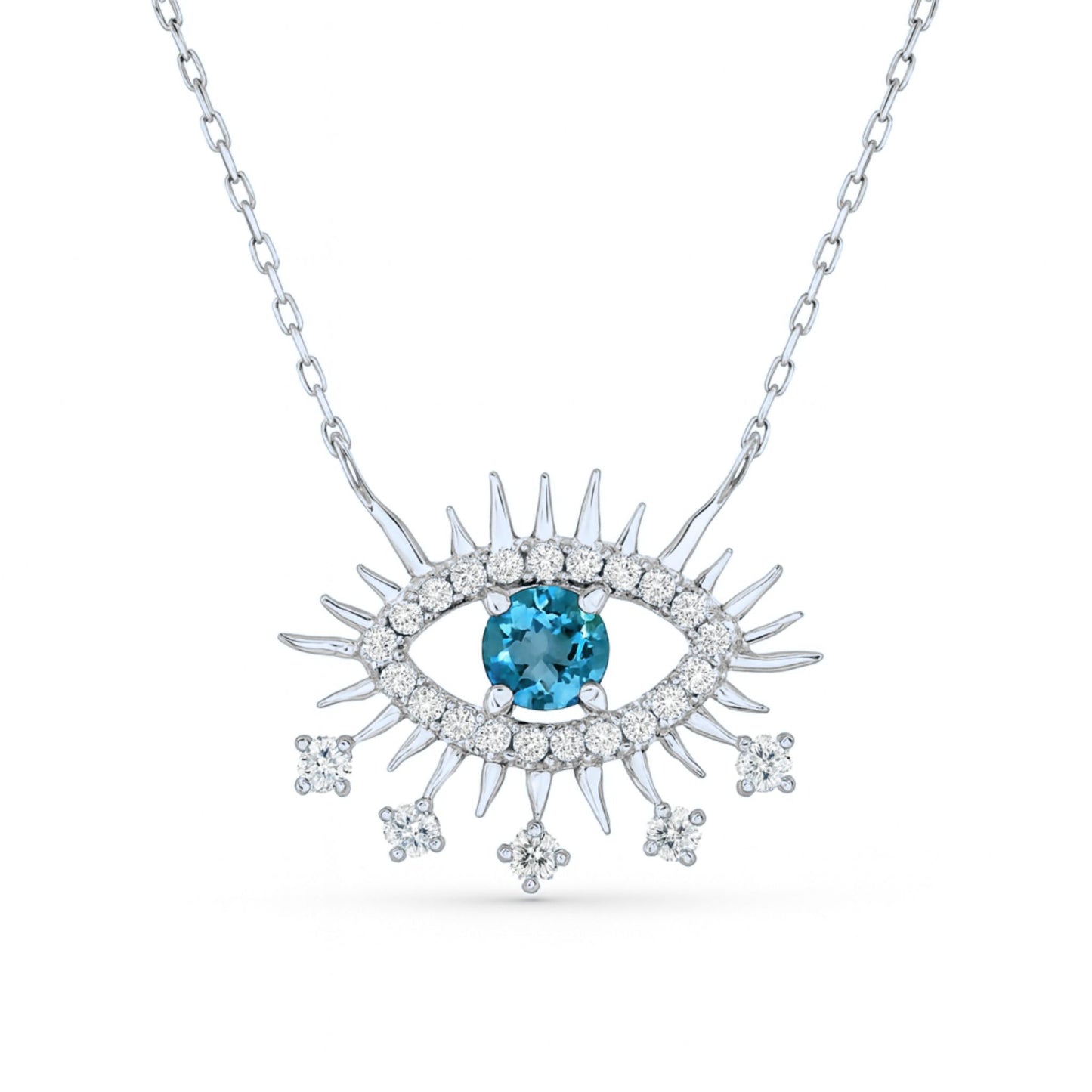 14K 0.68ct Round Blue Zircon 0.31cttw VS White Diamonds Evil Eye Necklace