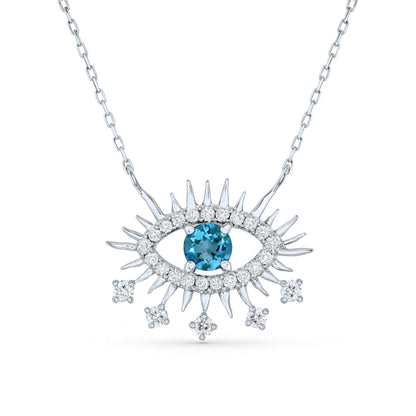 14K 0.68ct Round Blue Zircon 0.31cttw VS White Diamonds Evil Eye Necklace