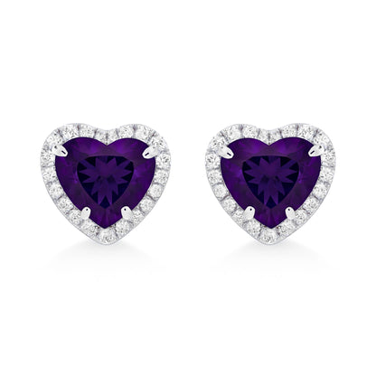 14K 1.50cttw Heart Shape Amethyst 0.33cttw VS White Diamonds Stud Earrings
