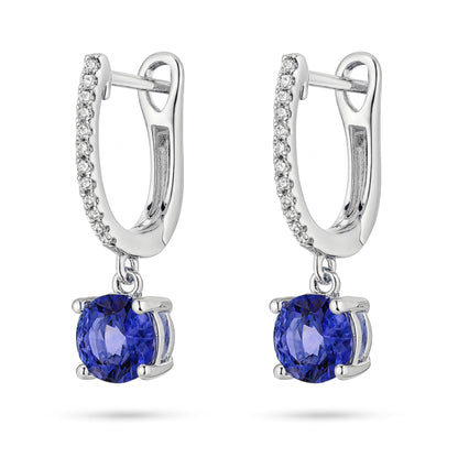 14K 1.54cttw Round Blue Wing Tanzanite 0.08cttw VS White Diamonds Drop Earrings