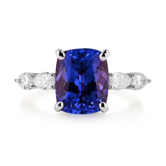 14K 3.10ct Cushion Blue Wing Tanzanite 0.47cttw Pear Shape VS White Diamond Ring