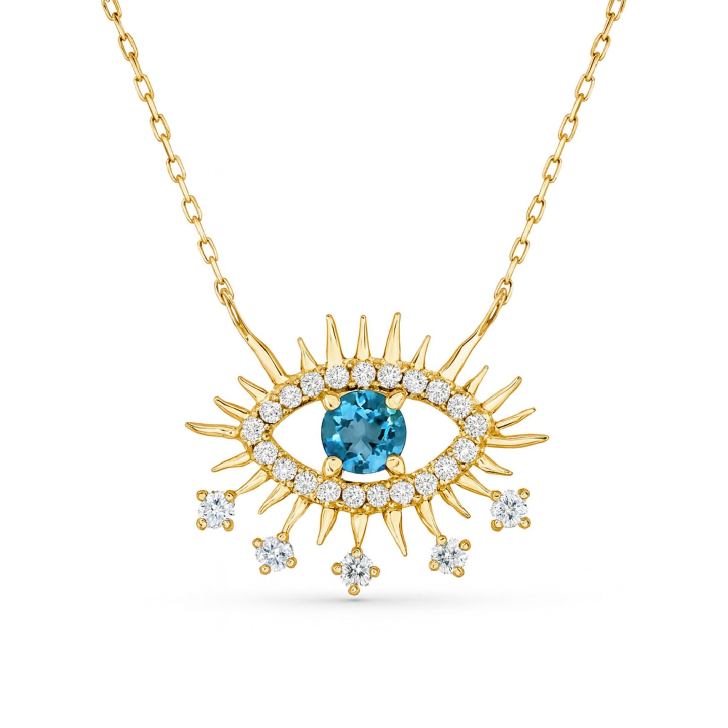 14K 0.68ct Round Blue Zircon 0.31cttw VS White Diamonds Evil Eye Necklace