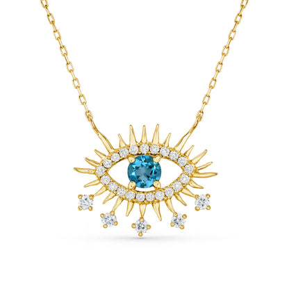 14K 0.68ct Round Blue Zircon 0.31cttw VS White Diamonds Evil Eye Necklace
