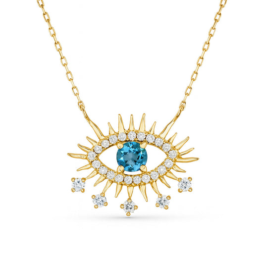14K 0.68ct Round Blue Zircon 0.31cttw VS White Diamonds Evil Eye Necklace
