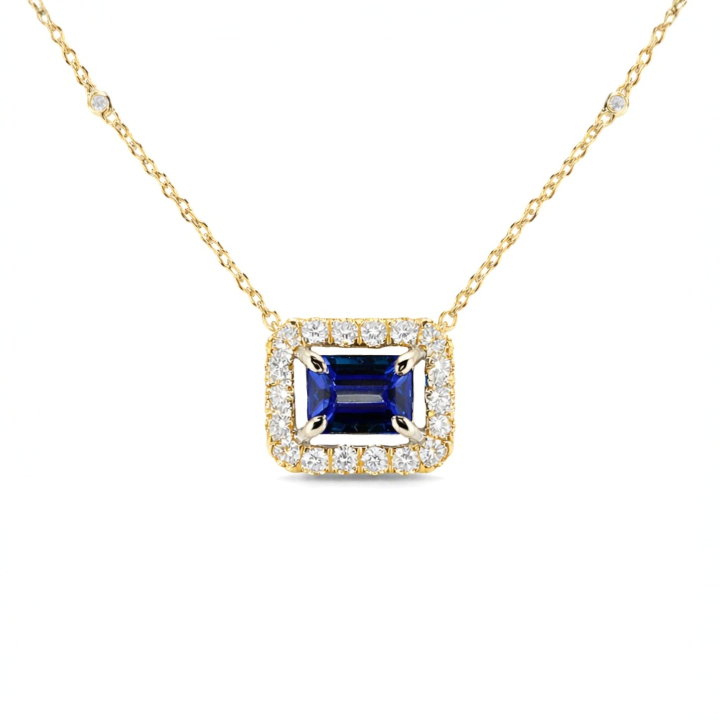 14K 1.02ct Emerald Cut Blue Wing Tanzanite 0.50cttw VS White Diamonds Necklace