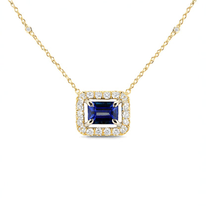14K 1.02ct Emerald Cut Blue Wing Tanzanite 0.50cttw VS White Diamonds Necklace