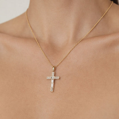 14K 1.10cttw Baguette VS White Diamond Cross Pendant