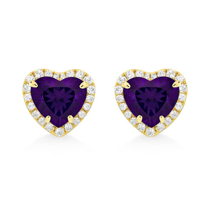 14K 1.50cttw Heart Shape Amethyst 0.33cttw VS White Diamonds Stud Earrings