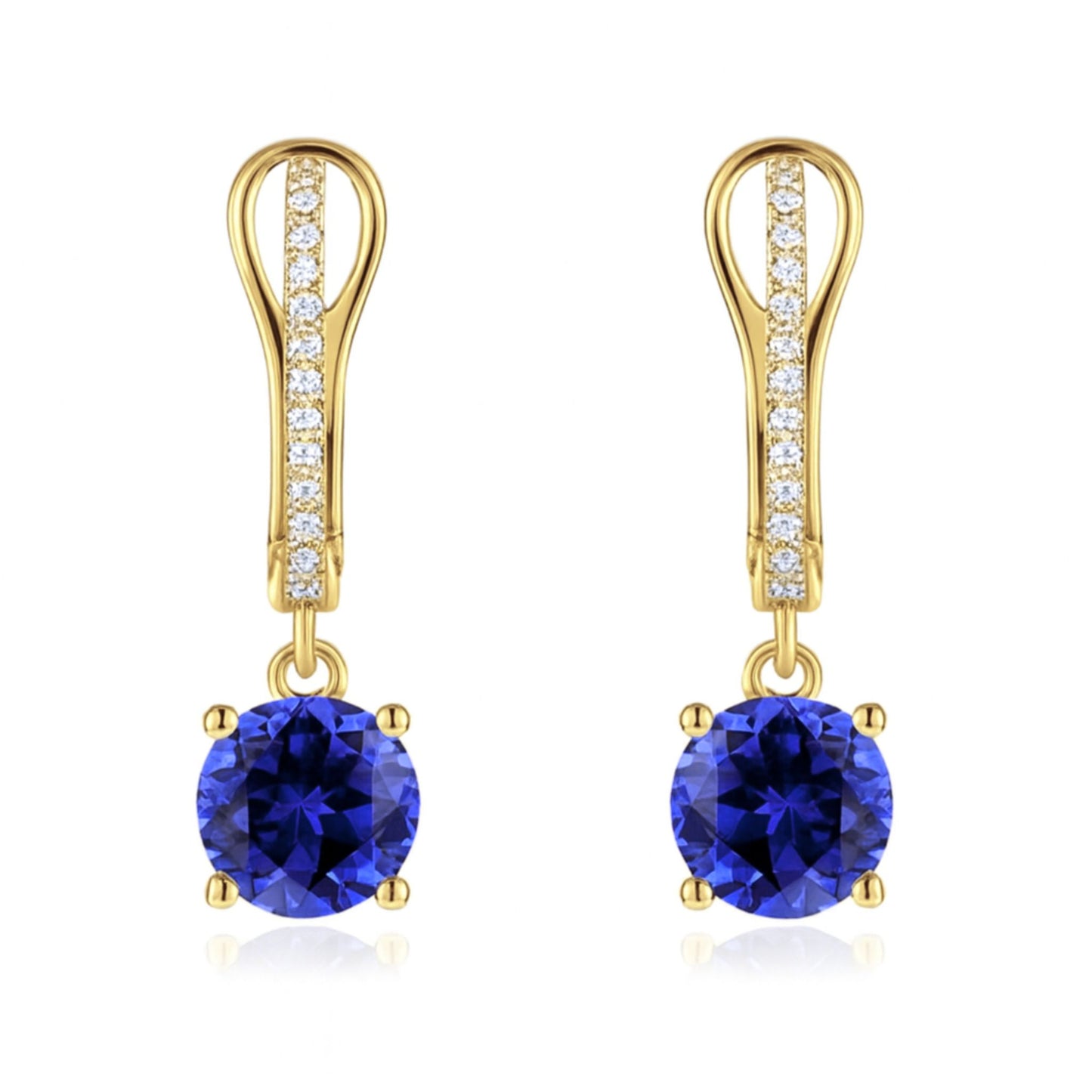 14K 1.54cttw Round Blue Wing Tanzanite 0.08cttw VS White Diamonds Drop Earrings