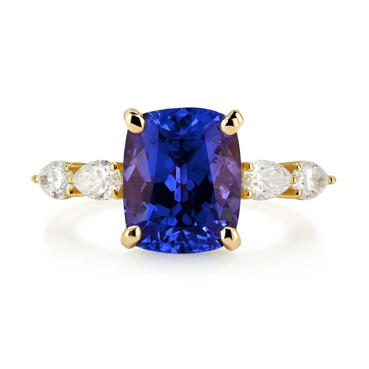 14K 3.10ct Cushion Blue Wing Tanzanite 0.47cttw Pear Shape VS White Diamond Ring