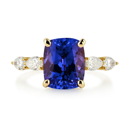 14K 3.10ct Cushion Blue Wing Tanzanite 0.47cttw Pear Shape VS White Diamond Ring