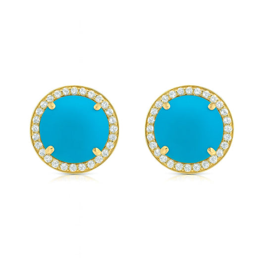 14K 6.50cttw Round Sleeping Beauty Turquoise 0.37cttw VS White Diamonds Stud Earrings