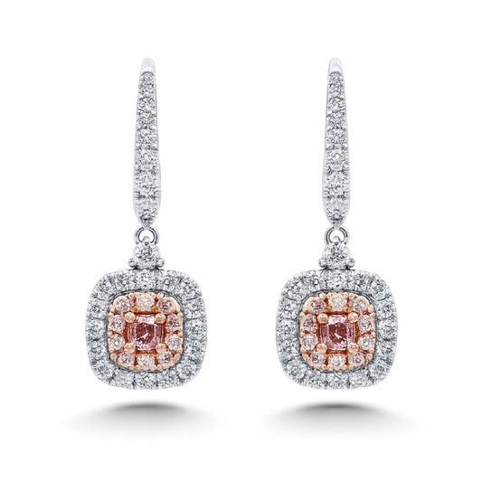 14K 0.20cttw Cushion Pink Diamond 0.69cttw Pink & White Diamonds Drop Earrings