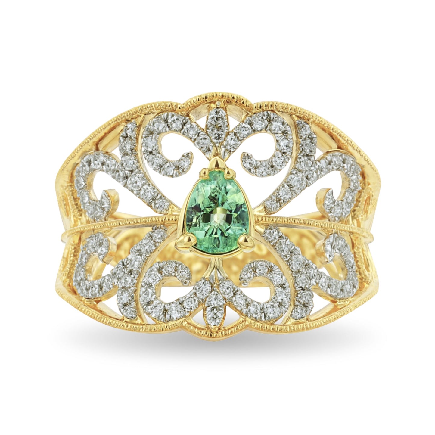 14K 0.31ct Pear Shape Green Kornerupine 0.38cttw VS White Diamonds Ring