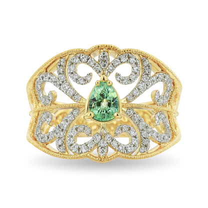 14K 0.31ct Pear Shape Green Kornerupine 0.38cttw VS White Diamonds Ring