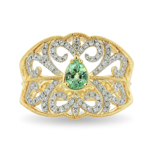14K 0.31ct Pear Shape Green Kornerupine 0.38cttw VS White Diamonds Ring