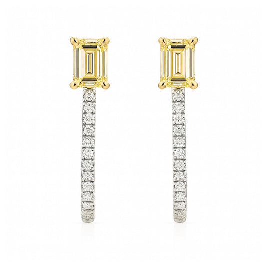 14K 1.03cttw Emerald Cut VS Yellow Diamond 0.15cttw White Diamonds Stud Earrings