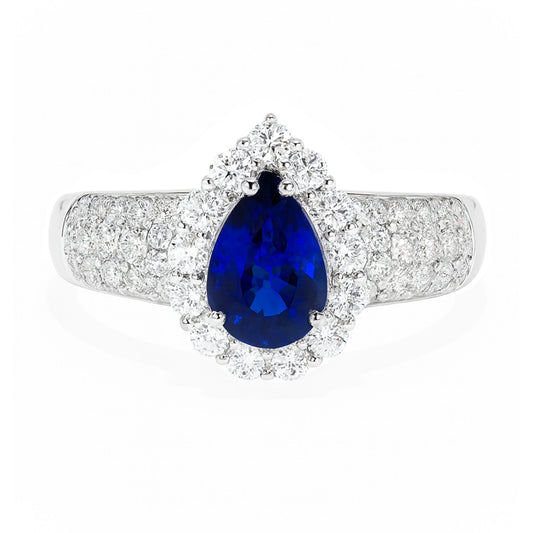 14K 1.04ct Pear Shape Blue Sapphire 0.70cttw VS White Diamonds  Ring