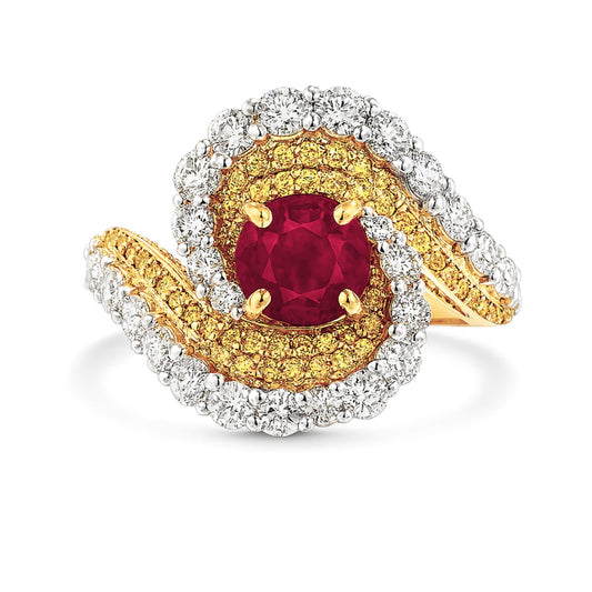 14K 1.20ct Round Burma Ruby 0.28cttw VS Yellow Diamonds 1.35cttw VS White Diamonds Ring