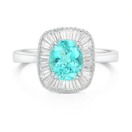 14K 1.42ct Oval Paraiba 0.73cttw VS Tapered Baguette White Diamonds Ring
