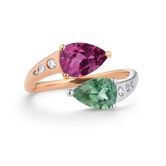 14K 1.42ct Pear Shape Pink Paraiba 1.20ct Pear Shape Green Paraiba 0.07cttw White Diamonds Ring