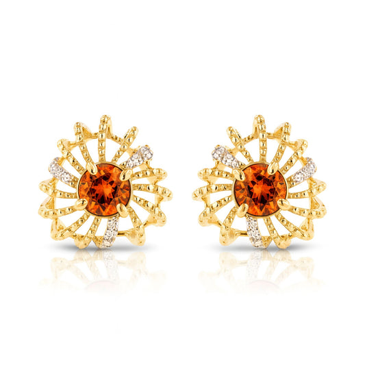 14K 1.50cttw Round Mandarin Garnet 0.34cttw VS White Diamonds Stud Earrings