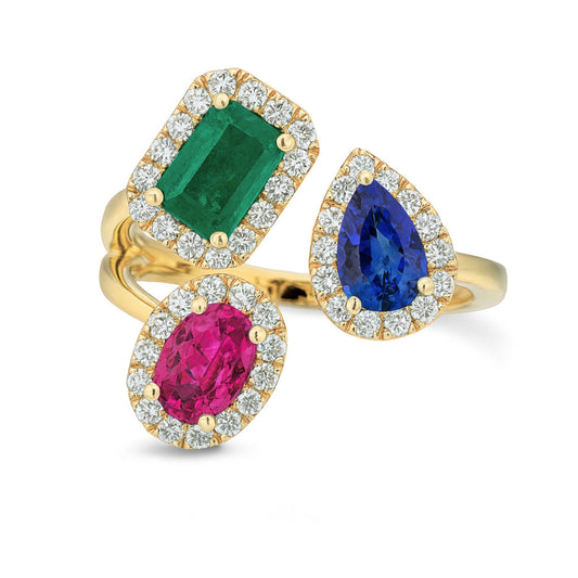 14K 1.56cttw Colombian Emerald, Tanzanite, and Pink Sapphire 0.34cttw White Diamonds Ring
