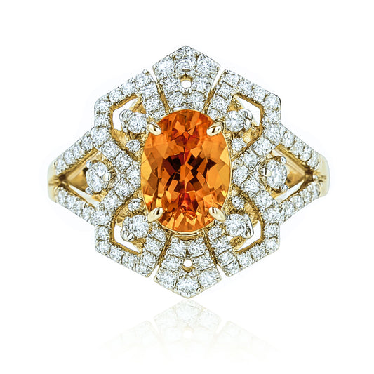 14K 1.60ct Oval Mandarin Garnet 0.58cttw VS White Diamonds Ring