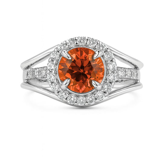 14K 1.72ct Round Mandarin Garnet 0.67cttw VS White Diamonds Ring