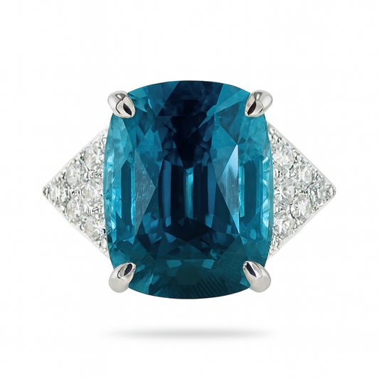 14K 15.33ct Cushion Private Collection Blue Zircon 0.39cttw VS White Diamonds Ring