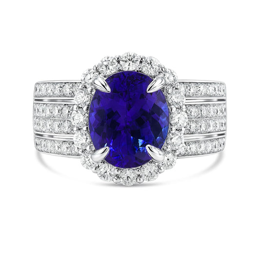 14K 2.70ct Oval Blue Wing Tanzanite 1.22cttw VS White Diamonds Ring