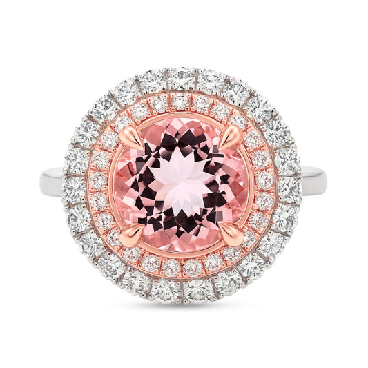 14K 2.84ct Round Pink Morganite 0.89cttw Pink & White Diamond Ring