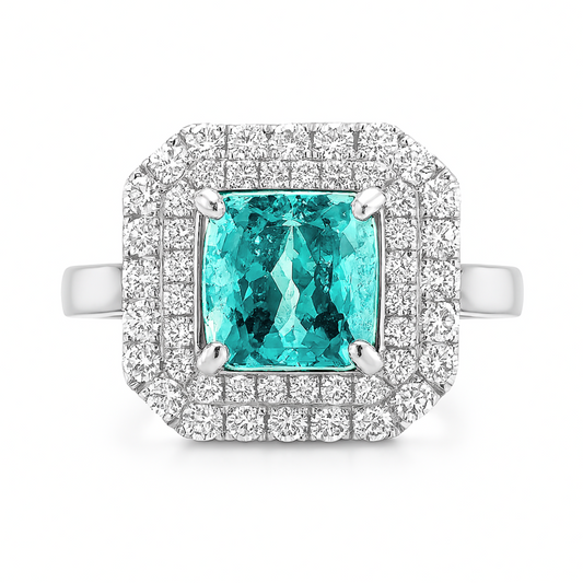 14K 2.99ct Cushion Paraiba 1.06cttw VS White Diamonds  Ring