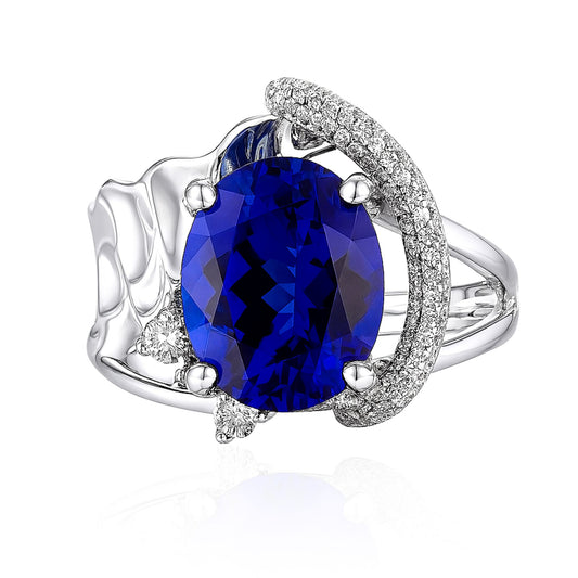 14K 3.58ct Oval Blue Wing Tanzanite 0.33cttw VS White Diamonds Ring