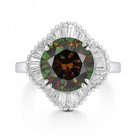 14K 3.65cttw Round Color Change Sphene 0.67cttw Tapered Baguette White Diamond Ring