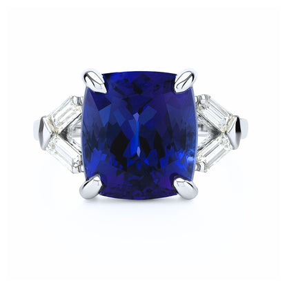 14K 5.12ct Cushion Blue Wing Tanzanite 0.35cttw Baguette White Diamond Ring