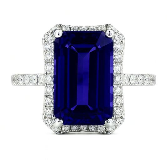 14K 5.30ct Emerald Cut Blue Wing Tanzanite 0.51cttw White Diamonds Ring