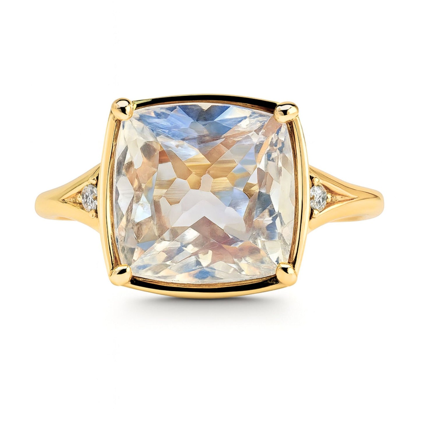 14K 6.28ct Cushion Rainbow Moonstone 0.12cttw White Diamonds Ring