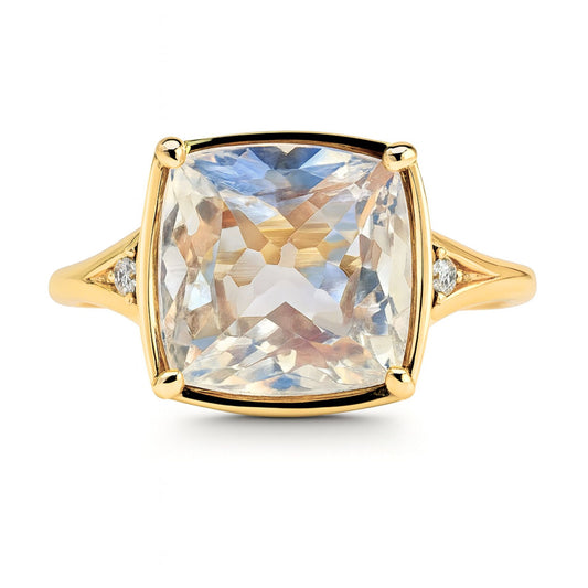 14K 6.28ct Cushion Rainbow Moonstone 0.12cttw White Diamonds Ring
