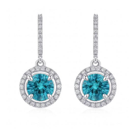 14K 6.60cttw Round Blue Zircon 0.72cttw VS White Diamonds Drop Earrings